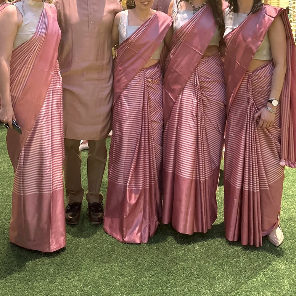 Pink sari Striped with silver blouse and petticoat